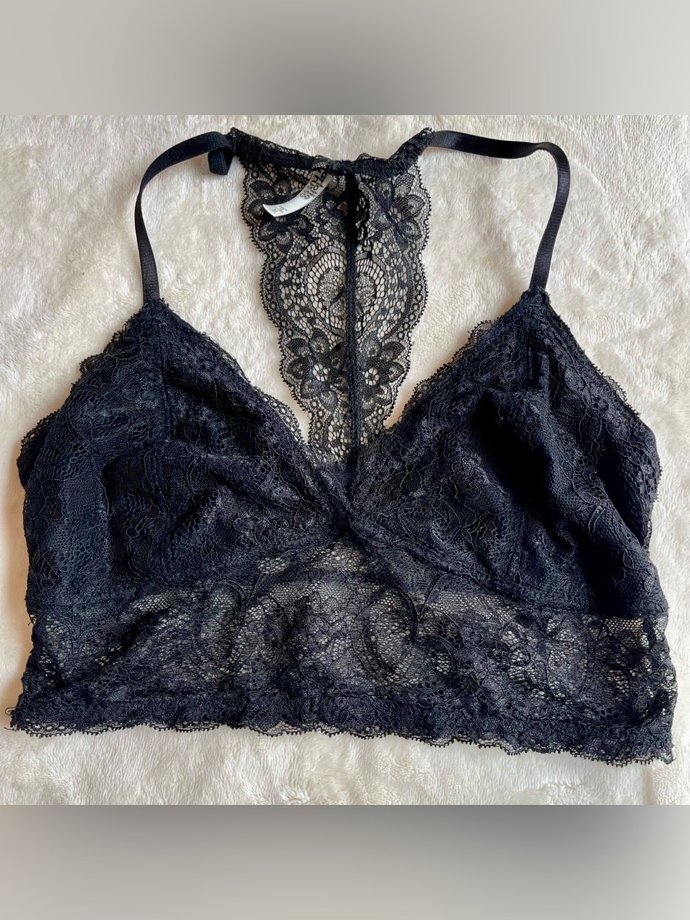 Coquette Grunge Sheer Black Lace Racerback Bralette Longline Scalloped Crop Top